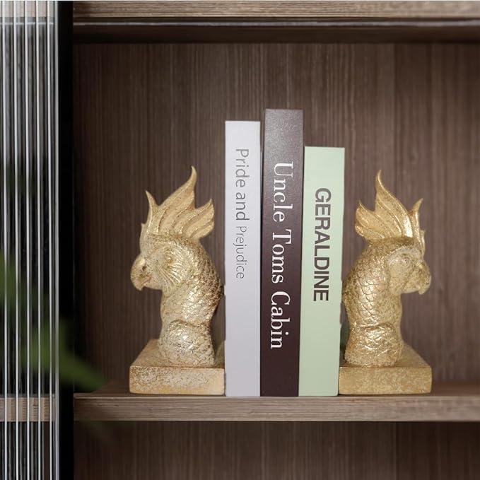 JOOMBE Golden Parrot Decorative Bookends,Set of 2 Cute Bird Animal Sculpture Book Ends to Hold Hevay Duty Books,Unique Resin Statues Book Stopper for Home Office Desk Bookshelf Decor