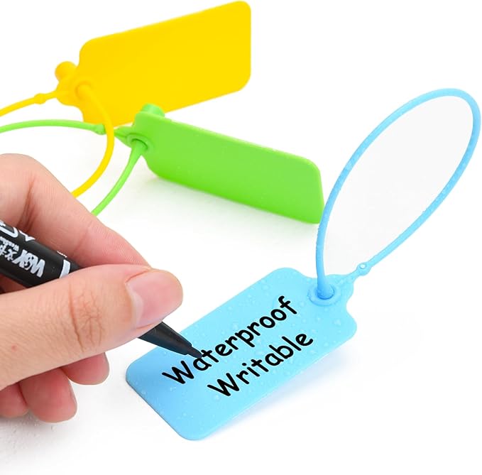 50 Blank Plastic Tags for Labeling Waterproof Hanging Labels Writable Tags Seal Plastic Marking Label for Clothes Bags Keys Inventory with One Marker Pen (Mixed 5 Color)