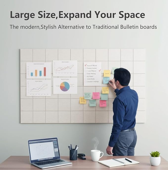 G Gamit Large Felt Wall Tiles Bulletin Board,Large Cork Board Alternative with 30 Pushpins,8-Pack Felt Pin Board with 56 Safe Removable Adhesive Tabs for Home Office School (Oatmeal)