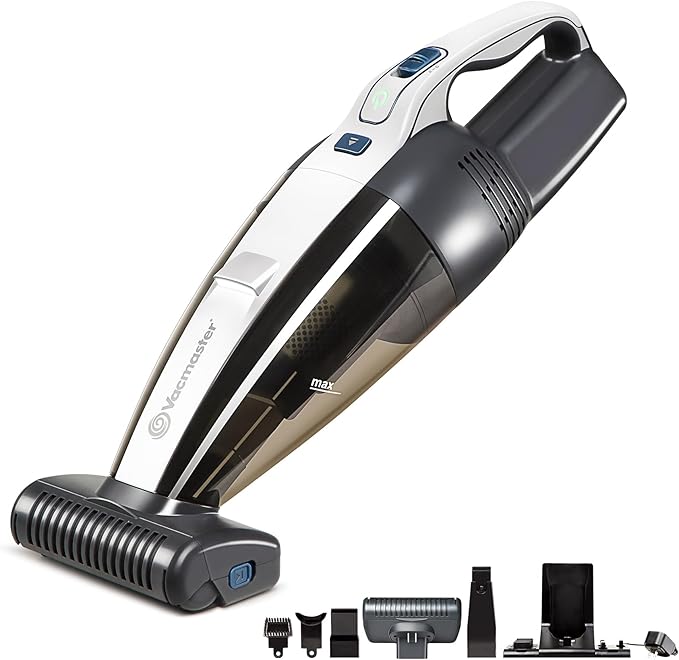 Vacmaster Pet Hair Cordless Hand Vacuum with Motorized Nozzle, 2-Speeds, LED Light, for Home & Car, Dusting Brush, Precision Nozzle, and Crevice Tool