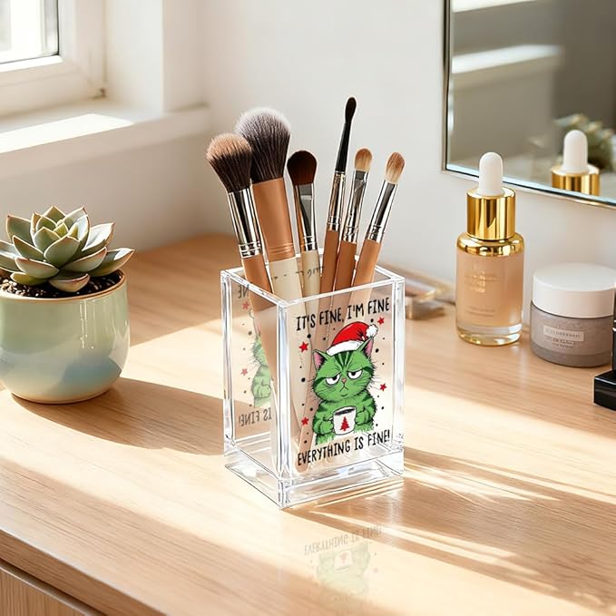 QYUVK It's Fine I'm Fine Everything Is Acrylic Makeup Brush Pencil Holder Cup, Funny Cat Pen Holder Gifts For Friends HR Nurse, Christmas Office Gifts for Women Coworker, Pencil Cup for Desk