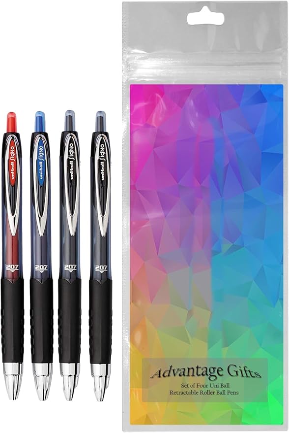 Advantage Gifts Signo 207 Roller Ball Retractable Gel Pens, Medium Point (0.7mm), Black Blue And Red Ink, 4 Count, Bundle with Plastic Reusable Pouch