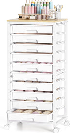 SYKIARIOL Rolling Cart with Drawers,10 Drawer Rolling Cart,Rolling storage cart with drawers,White Rolling Drawer Cart,Teacher Rolling Cart for Classroom Storage,Craft Cart with Wooden Tabletop