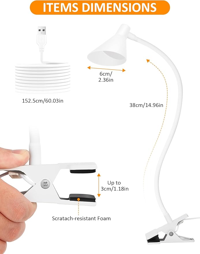 LiFMIRA Desk Lamp Clip on Light USB Reading Light 3 Color Modes 10 Dimmable Brightness Eye Care Clamp Desk Lamp Flexible Gooseneck Book Light for Reading in Bed and Desk