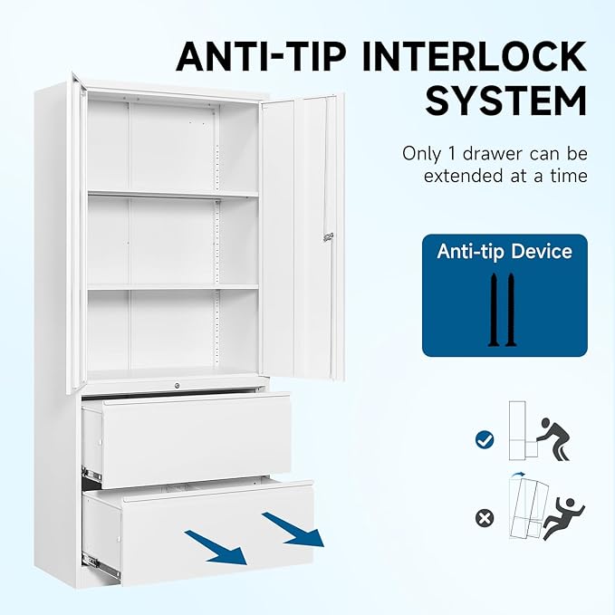 PEUKC 2-Drawer Metal File Cabinet, Lateral Vertical Filing Cabinets for Home Office, Locking File Cabinet with Storage Shelves, Legal/Letter/A4 Size (White, Assemble Required)