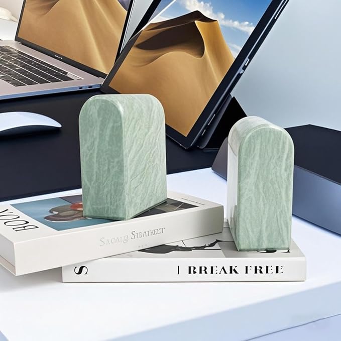 Faticdorr Luxury Marble Bookends for Shelves, 13LB Heavy Duty Marble Book Ends for Heavy Books, Stone Bookends Decorative, Polished, Light Green Arch, Set of 2