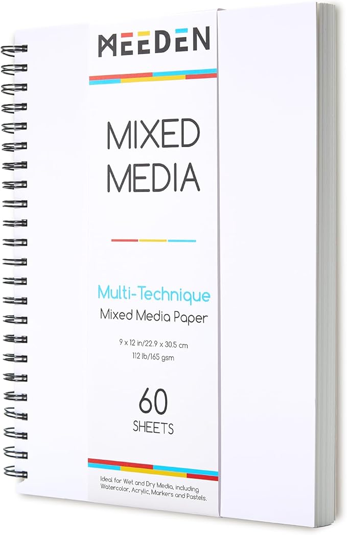 MEEDEN Mixed Media Paper Pad: 9" x 12" 112lb/165gsm Spiral Bound Mixed Media Sketchbook with DIY Cover - 60 Sheets Art Drawing Pad for Wet & Dry Media Watercolor, Acrylic, Markers, Pastels, Pencils