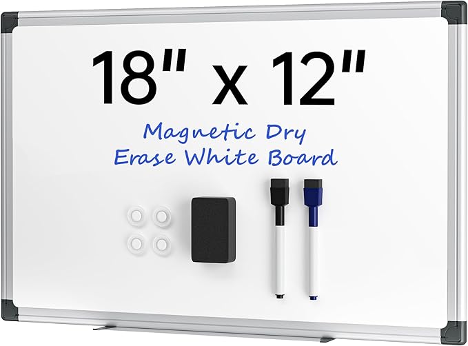 VUSIGN 18" x 12" Small Magnetic Whiteboard for Wall, Dry Erase Board with Silver Frame, Hanging White Board for Office, Home, School, Dorm – Includes Markers, Magnets & Eraser