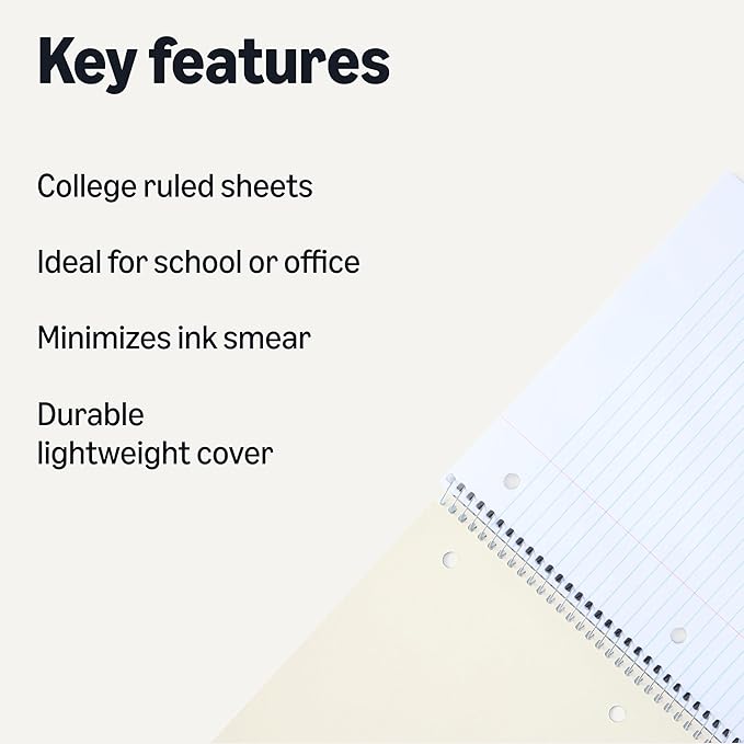 Amazon Basics College Ruled Spiral Notebook, 70 Sheets, 7-1/2" x 10-1/2", Black, 2 pack