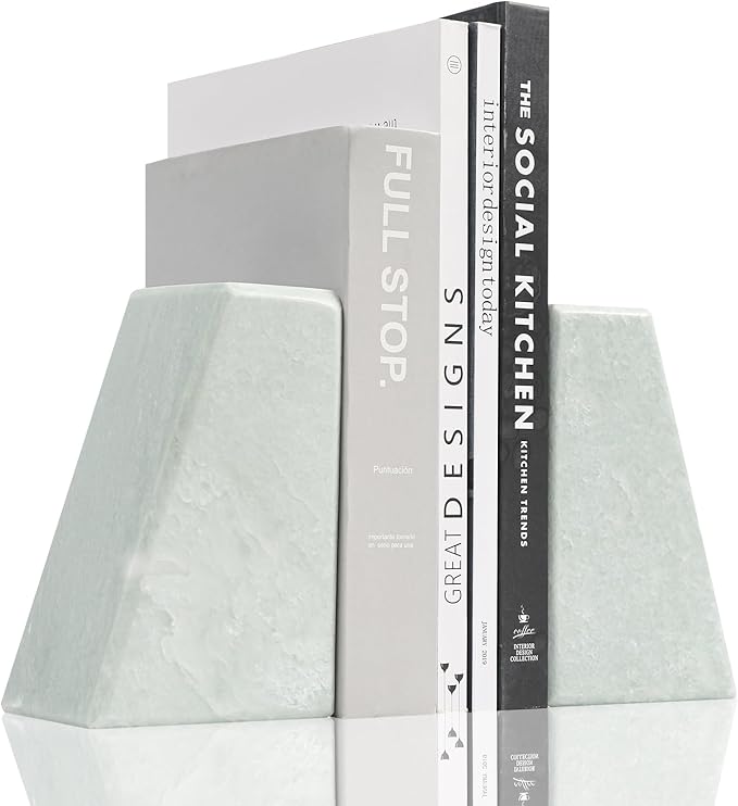 Faticdorr Luxury Marble Bookends for Shelves, 11LB Heavy Duty Marble Book Ends for Heavy Books, Stone Bookends Decorative, Polished, Light Green Triangular, Set of 2