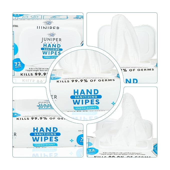 Juniper CLEAN, 3 Pack Hand Sanitizing Wipes, 216 Count Disposable Hand Sanitizer Wipes, Fresh Scent, Lint Free & Durable