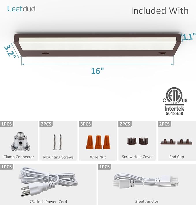 Leetdud LED Under Cabinet Lighting Hardwired or Plug in, 16 Inch 8W, Dimmable 5 Color 2700K/3000K/3500K/4000K/5000K, Linkable Eyes Care Design Counter Lights for Kitchen, Sink, ETL Listed, Bronze