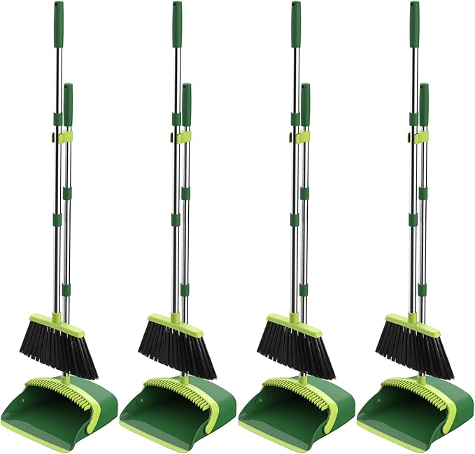 Broom and Dustpan Set, 52-in Long Adjustable Handle Broom Dustpan Combo with Dust pan Teeth to Automatically Clean Hair Suitable for Home Kitchen Office Hall Floor (Green), 4 Pack