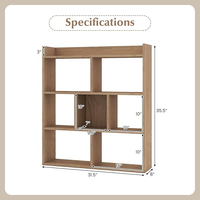 Giantex 7 Cubes Bookshelf, Free-Standing Wooden Bookcase, 4 Tier Home Display Shelf, Horizontal Storage Unit w/Anti-Toppling Devices, Open-Back Display Rack for Study, Living Room (2, Natural)