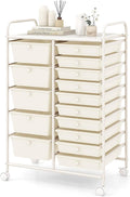 COSTWAY 15-Drawer Rolling Storage Cart, Mobile Utility Cart with Heavy-duty Frame & Lockable Wheels, Multipurpose Storage Organizer Cart for Tools, Paper, Drawer Cart for Home, Office, School, White