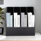 KINGFOM 4-Slot Wood Leather Document Files Holder Rack Stand Desk Files Organizer Papers Collection Cabinet (4 slot Black)