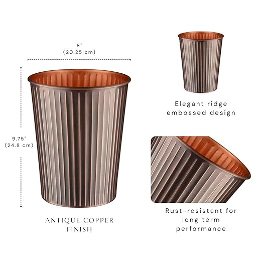 Monarch Abode Metal Bathroom Trash Can – Waste Basket for Bedroom, Office Desk, & Dorm, Handcrafted Ridge Embossed, Durable Decorative Antique Copper Small Trash Can Bathroom Garbage Bin Wastebasket