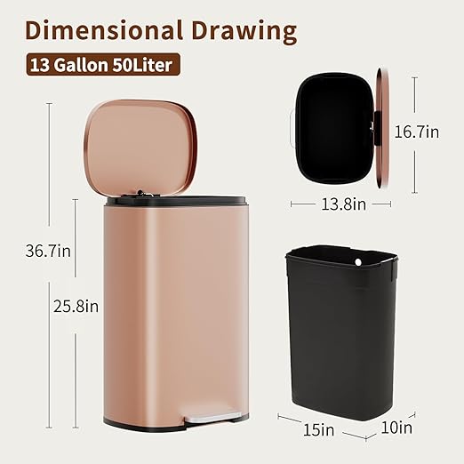 PayLessHere Trash Can Kitchen Stainless Steel Trash Can Trash Can with Lid Removable Inner Bucket Foot Pedal Soft Close for Office Home Kitchen Garbage Can Trash Bin (Pink, 13 G)