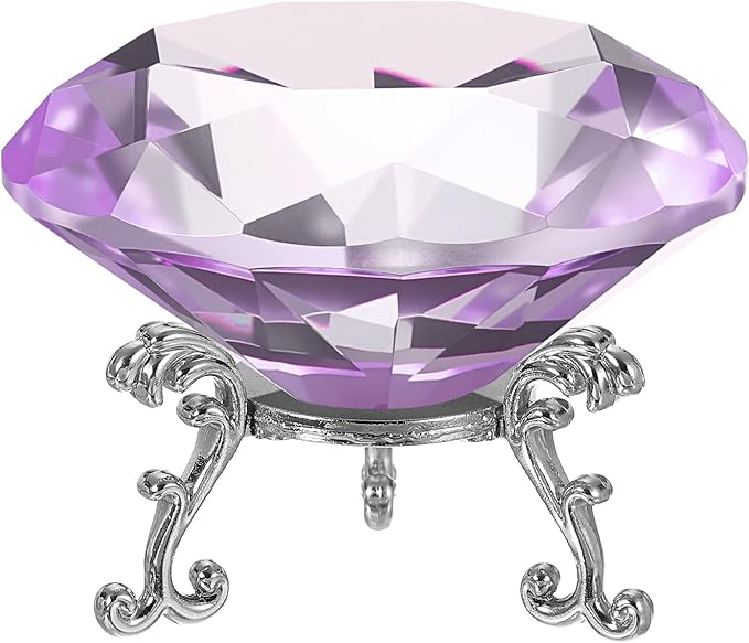 PATIKIL Diamond Crystal Paperweight, 100mm / 3.94" Crystal Paperweight Paper Weight with Silver 25 Metal Base for Home Office Desktop Table Decor Wedding Party Ornaments, Purple