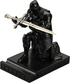 Amoysanli Medieval Armored Warrior Wearing Outerwear, Mobile Phone Stand Knight Pen Holder Desk Organizers, Resin Bookends Paperweight with a Letter Opener for Desk (Black)