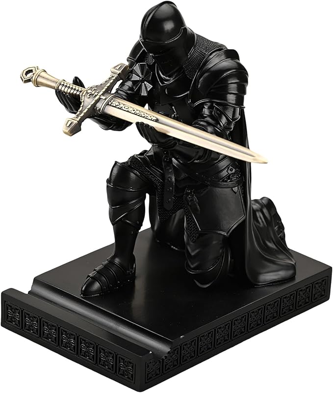 Amoysanli Medieval Armored Warrior Wearing Outerwear, Mobile Phone Stand Knight Pen Holder Desk Organizers, Resin Bookends Paperweight with a Letter Opener for Desk (Black)