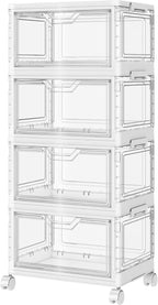 SNSLXH Portable Clear Storage Bins with Lids & Wheels, 24QT Clear Storage Bins with Lids, 4-Tier Plastic Bins with Wheels, Stackable, Magnetic Doors, for Bedroom, Living Room, Office