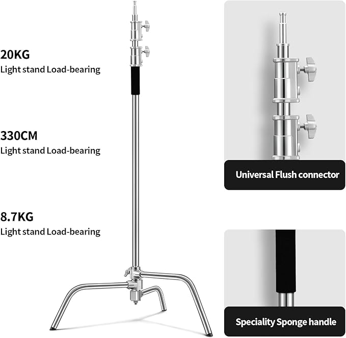 Soonpho 2 Packs Heavy Duty C-Stand Kit,Stainless Steel Photography Light Stand Base,Adjustable 5-10.8 feet Sturdy Tripod for Studio Softbox, Monolights, Reflector, Umbrella