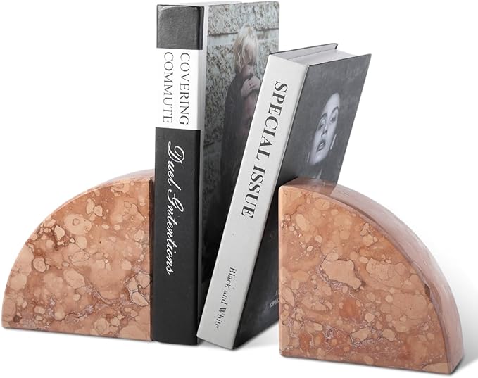 Karibiber Marble Bookend for Shelves, Non-Skid Bookends for Heavy Books, Heavy Duty Book Stopper for CDs, Luxury Book Shelf Holder, Quarter Circle Design Book Ends Decorative, Perlino Rosato, Set of 2