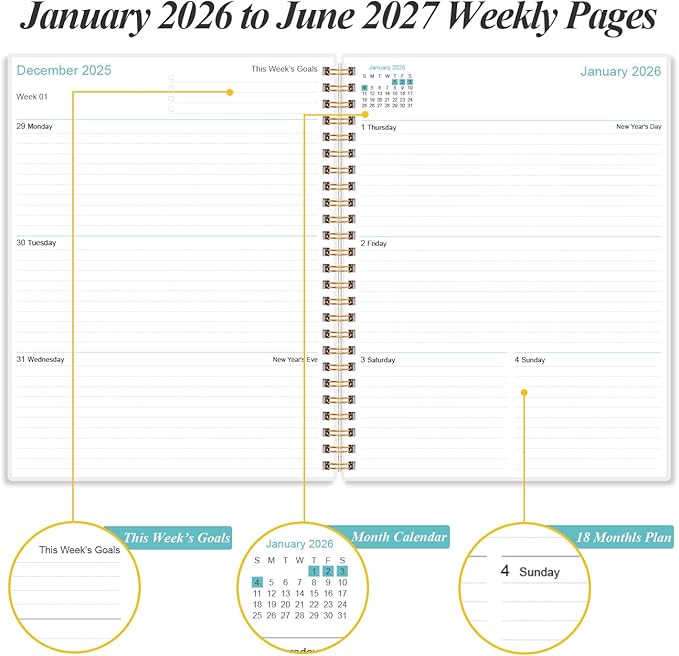 2026-2027 Planner - 18 Months Weekly & Monthly Planner from January 2026 - June 2027, Spiral Planners 2026-2027 with Elastic Closure, Inner Pocket, Medium 8.5" x 11", Teal Floral