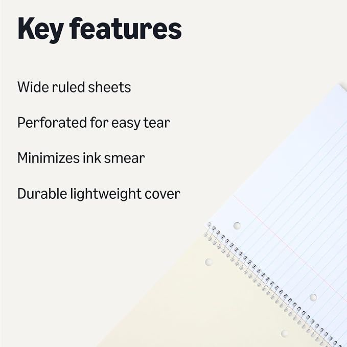 Amazon Basics Wide Ruled Spiral Notebook, 70 Sheets, 8" x 10-1/2", Assorted Solid Colors, 5 pack