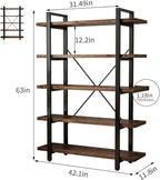 5-Tier Industrial Style Solid Wood Bookcase and Book Shelves,Rustic Wood and Metal Shelving Unit， Living Room,Modern Rustic Open Industrial Book Shelf Office,Distressed Brown (AY-02-5Tier)