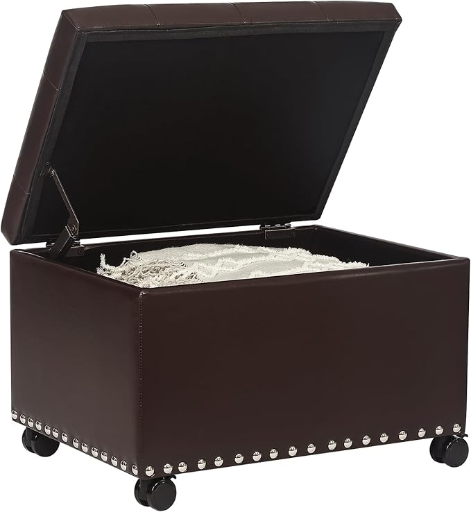 Decent Home Leather Storage Ottoman Bench with Steerable Rolling Wheels, Rectangle 24 Inch Foot Rest Ottomans Stool for Living Room Bedroom (Vintage Brown)