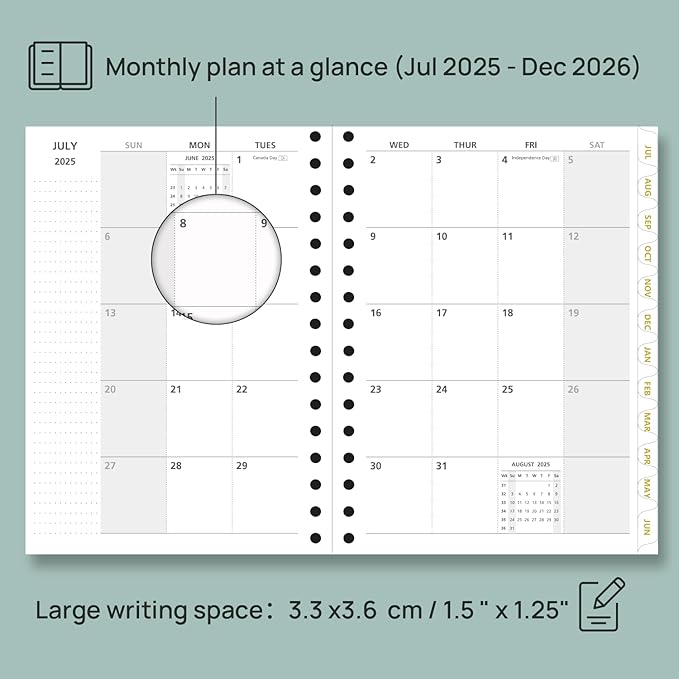 POPRUN Monthly Planner 2025-2026 Spiral Hardcover (6.25'' x 8.5''), 18 Months Calendar (Jul.2025 - Dec.2026) - 2 Pages per Month with Dotted Note Pages, Sunday Start, Laminated Tab - Haze Blue