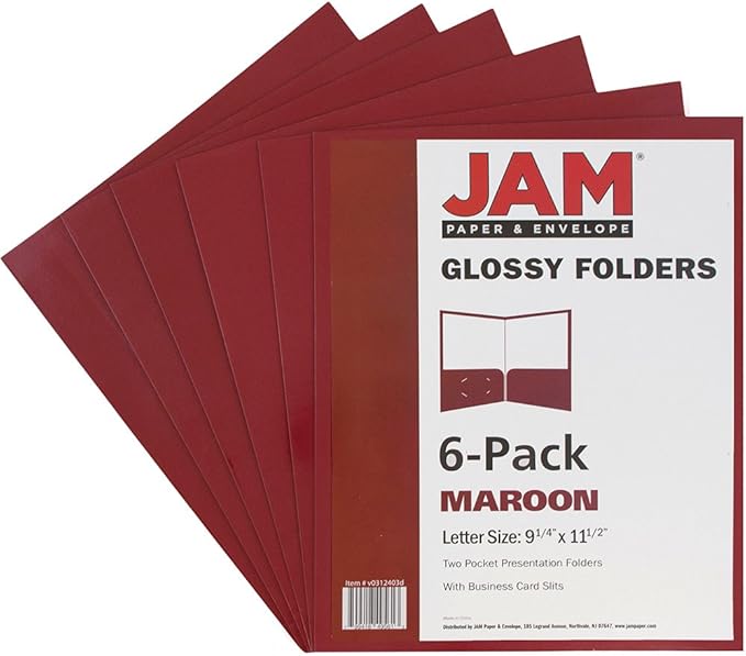 JAM PAPER Laminated Two Pocket Glossy School Folders - Letter Size - High Gloss Maroon Red - 6/Pack