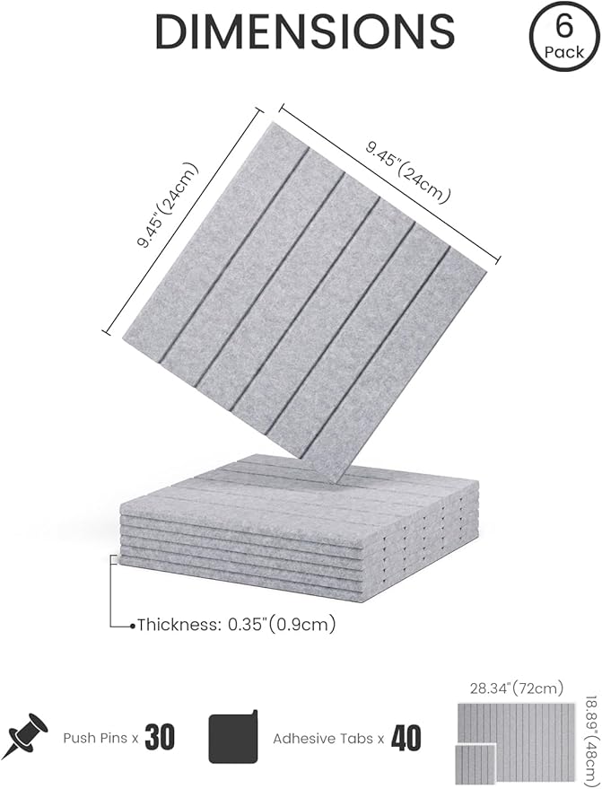 Fluxynara Felt Bulletin Board Tiles -28"x18" with 40 Adhesive Tabs, Cork Board Alternative for Office Decor, Push Pin Board Wall Organizer 6-Pack (Soft Gray)