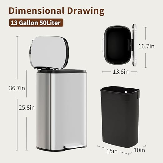 PayLessHere 13 Gallon (50L) in Home Recycling Bin Kitchen Stainless Steel Recycling Bin with Lid Removable Inner Bucket Foot Pedal Soft Close for Office Home Kitchen Garbage Can Trash Bin