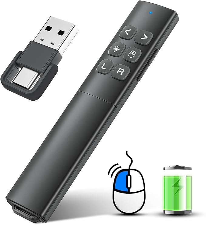 Presentation Clicker with Air Mouse - USB C Wireless Presenter Remote Clicker with Pointer, RF 2.4GHz PowerPoint Clicker for Presentation