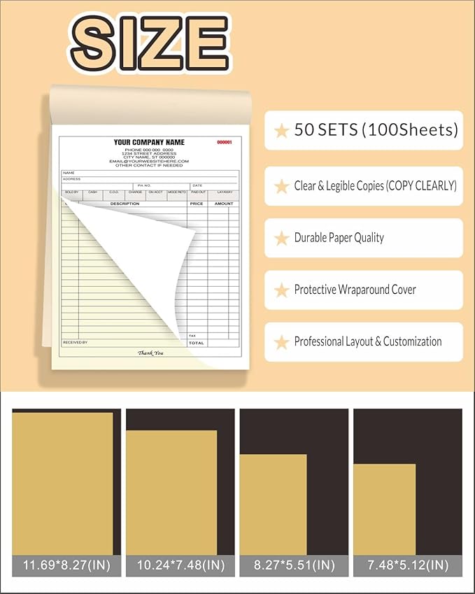 Custom Carbonless Invoice Book with Logo, Personalized Cover & Inner Pages, 2 Part NCR Receipt & Work Order Forms, Easy Tear, Writing Shield for Small Business (2-Part [White/Yellow], 11.8x8.3INCH)