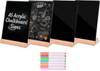 Pintuson 4 Pack Mini Chalkboard Signs - 8x6 inch Acrylic Chalk Board - Small Chalkboard Signs with Beech Base - Double Sided Blackboard for Display Menus, Food Signs, Message Boards, Table Numbers