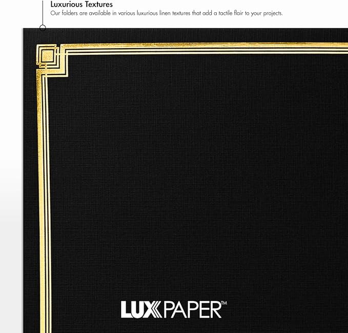 LUXPaper 9.5" x 12" Certificate Holders | Black Linen | Embossed Gold Foil Border | 100lb. Cover | 100 Qty