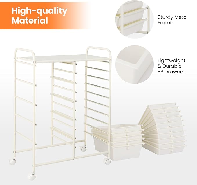 GLACER 15 Drawers Rolling Cart, Storage Cart with w/Removable Drawers & Steel Frame, Multipurpose Organizer Cart w/Sleek Handle, Utility Cart on Lockable Wheels for Home, School, Office (White)