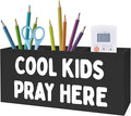 Exqcom Christian Pen Pencil Crayon Holder for Kids Boys, Cool Kids Pray Here Bible Verse Pencil Pen Holder Organizer for Toddler Boys Room Bedroom Desk Accessories,Room Bedroom Decor