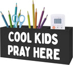 Exqcom Christian Pen Pencil Crayon Holder for Kids Boys, Cool Kids Pray Here Bible Verse Pencil Pen Holder Organizer for Toddler Boys Room Bedroom Desk Accessories,Room Bedroom Decor