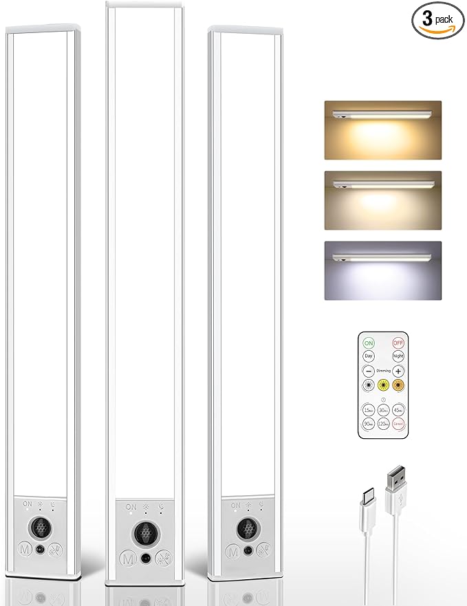 EZVALO 3 Pack Under Cabinet Lighting, 4000mAh Rechargeable Motion Sensor Light, 16inch Magnetic Closet Lights with Dimmable & 3 Color Temps, Wireless Motion Activated Lights with Remote for Kitchen