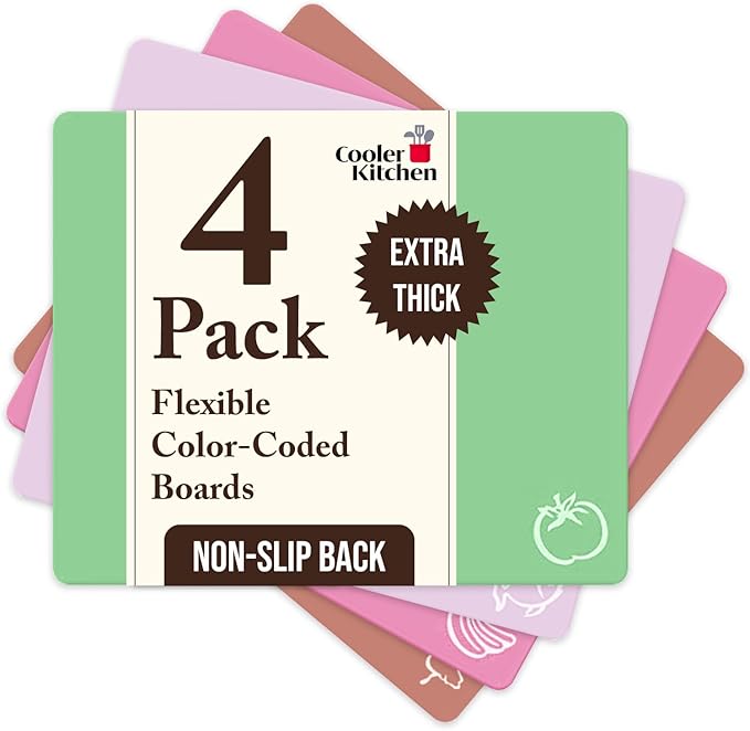 Cooler Kitchen Extra Thick Pastel Flexible Plastic Cutting Board Mats with Food Icons & EZ-Grip Waffle Back, (Set of 4) Dishwasher Safe