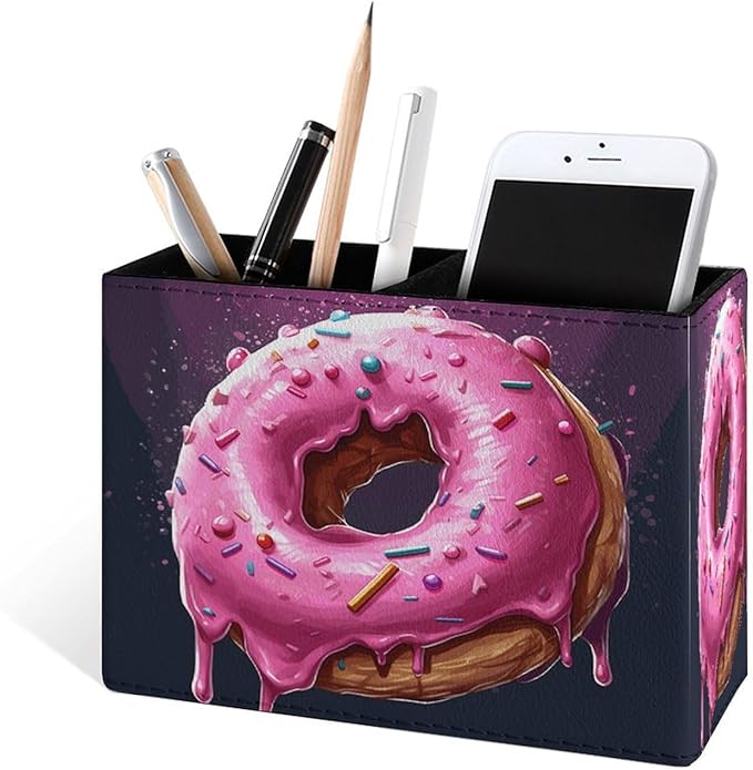 Famame Round Pink Dount Pencil Holder for Desk, Leather Desktop Container Pen Cup Storage Study Table Pen Organizer Makeup Brush Holder for Classroom Office Home