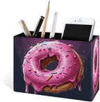 Famame Round Pink Dount Pencil Holder for Desk, Leather Desktop Container Pen Cup Storage Study Table Pen Organizer Makeup Brush Holder for Classroom Office Home