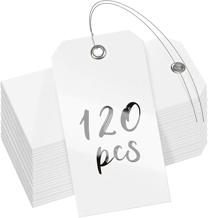 Uniclife 120 Pcs White Plastic Tags for Labeling 4.7"x 2.36" Plastic Shipping Tag with Wire Writable Waterproof Tag Price Tags with Reinforced Eyelet Blank Hang Label for Luggage