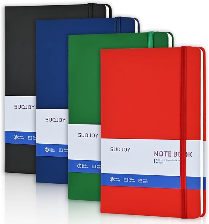 SUQJOY Lined Journal Notebooks, 4 Pack 160 Pages, 5.5x 8.2-Inch Journals for Women Men, Hardcover Notebook with 100 gsm Thick Paper, A5 Size College Ruled Notebook for Writing/Travel/Work (Assorted Color-4 Pack)