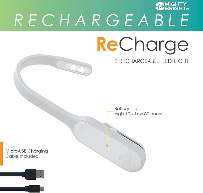 The Original Mighty Bright Recharge Clip On Rechargeable Book Light Reading Light, Warm Eye Care LEDs, Flexible, Durable, Dimmable, Perfect for Kids, Bookworms, Reading in Bed, Lasts 60 Hours (White)